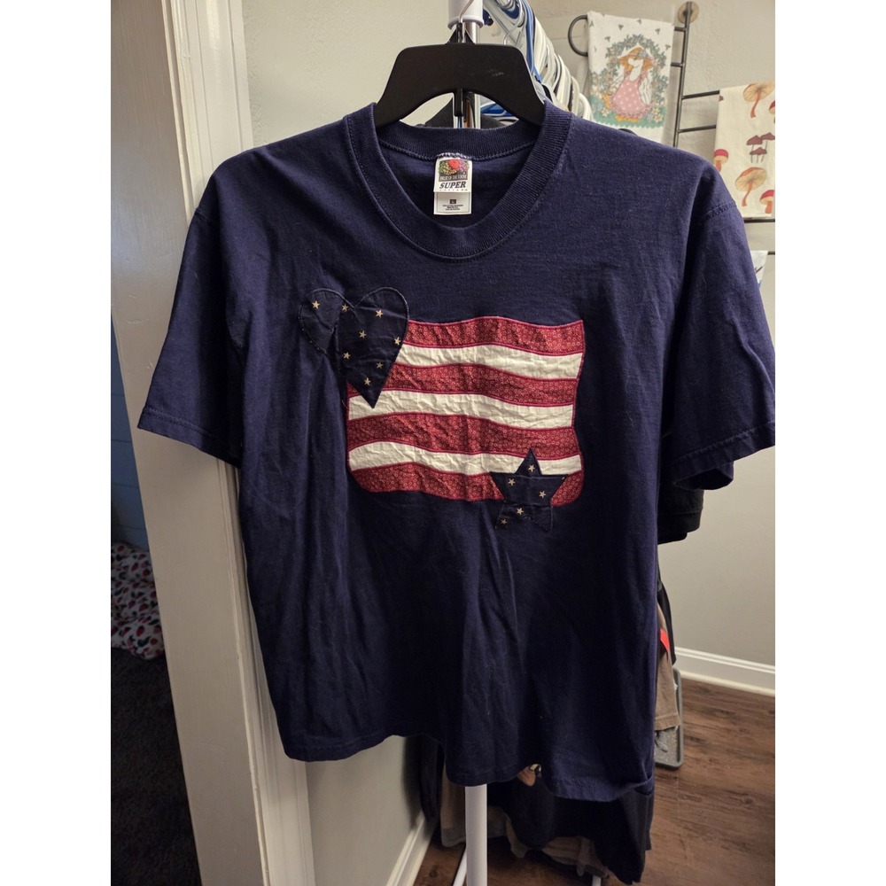 Vintage Navy Blue Tee Shirt With Quilted Distressed American Flag Size Large